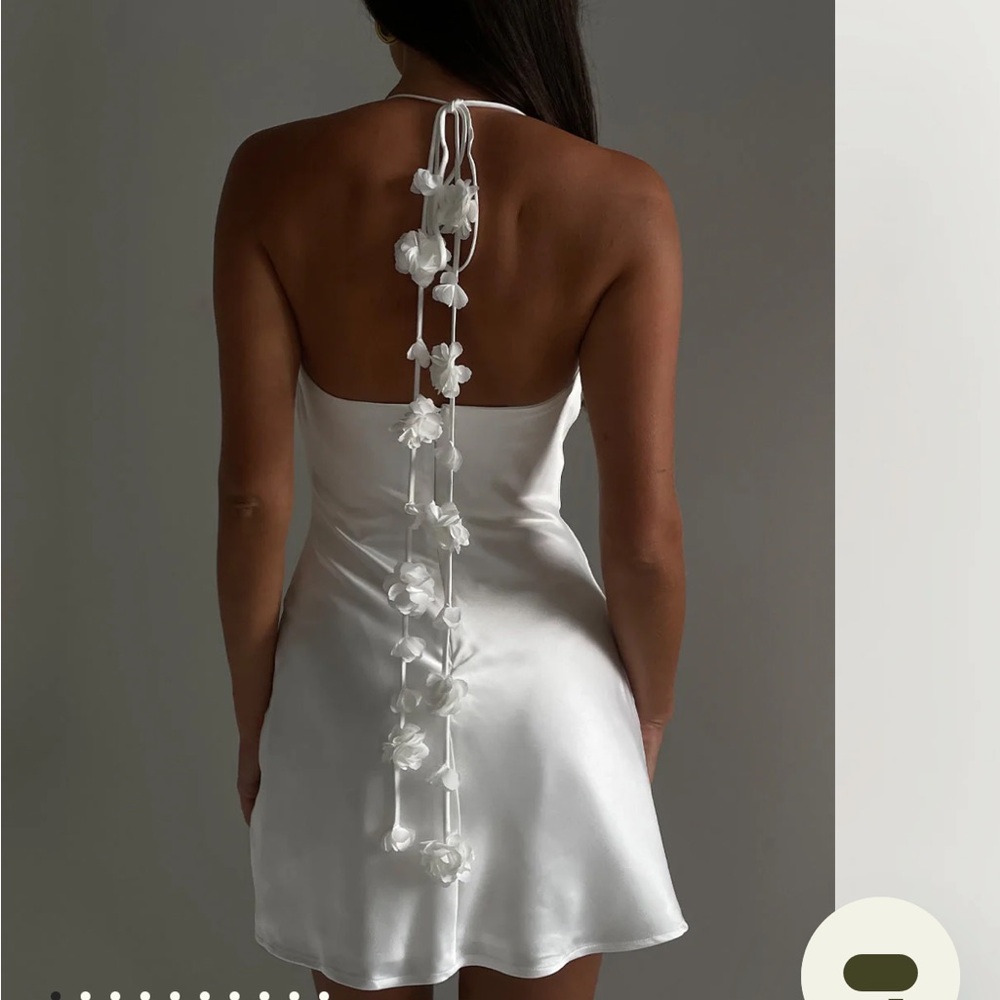 Meshki White Satin Dress with Floral Accents